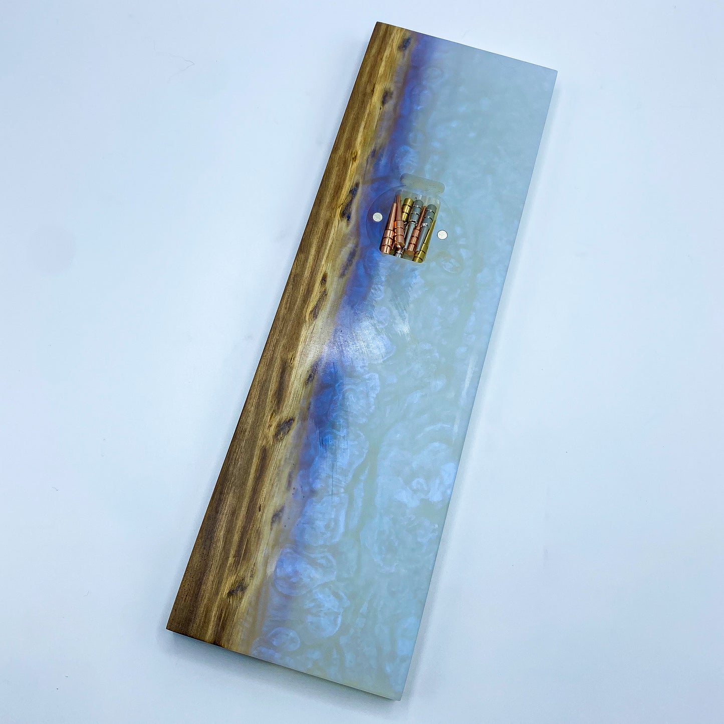 Ghost Blue Epoxy Resin Crib Board with Black Walnut Wood - Breaking Wood YYC