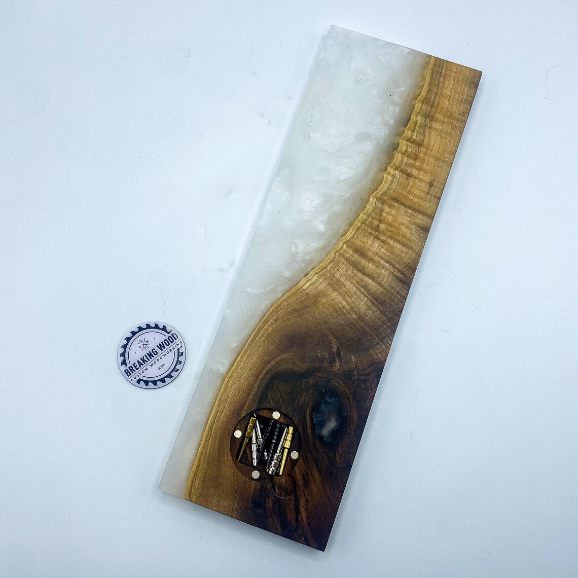 Diamond White Epoxy Resin Cribbage Board with Dark Buckeye Burl Wood