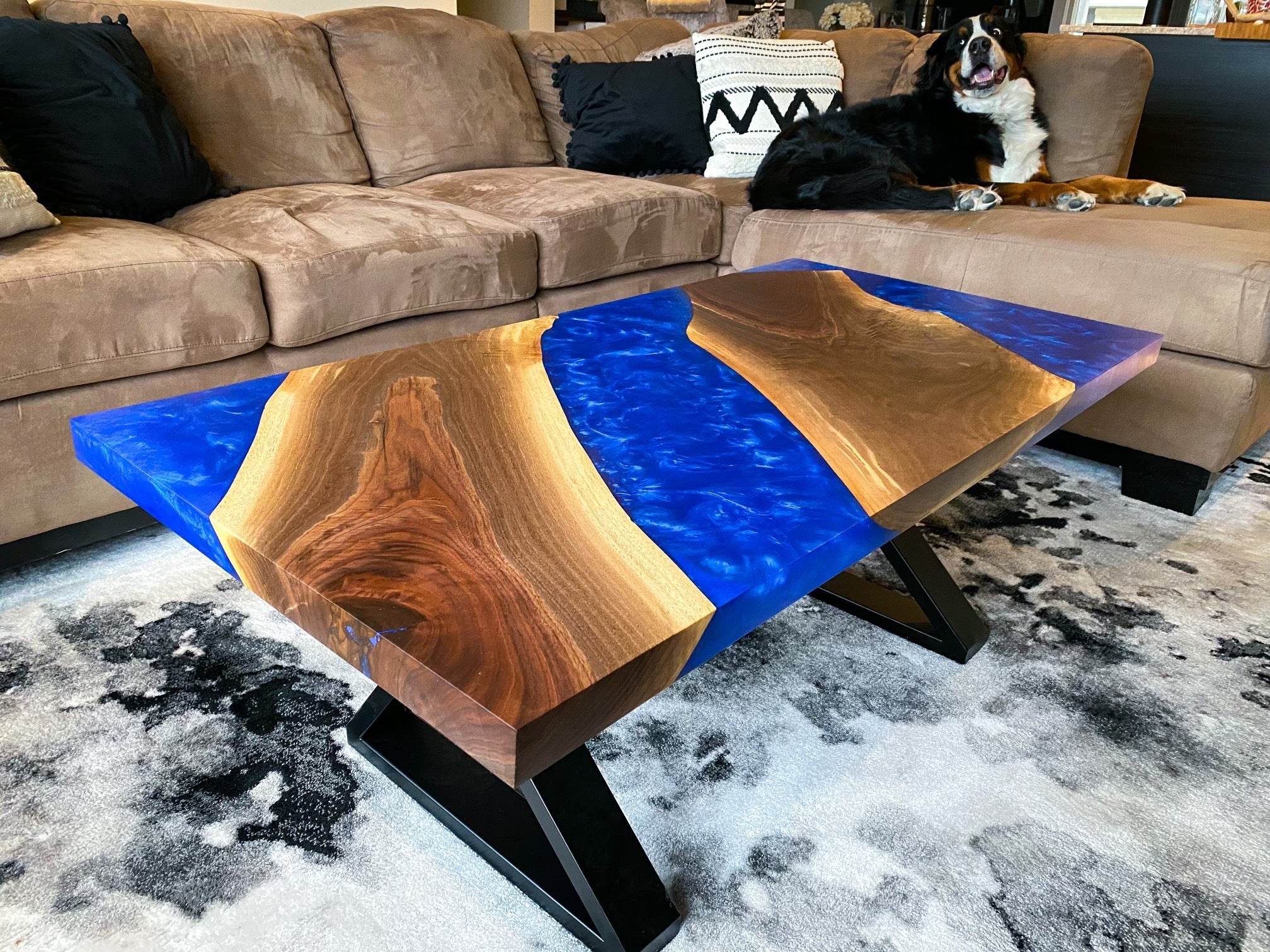 Custom hardwood and dark blue resin coffee table