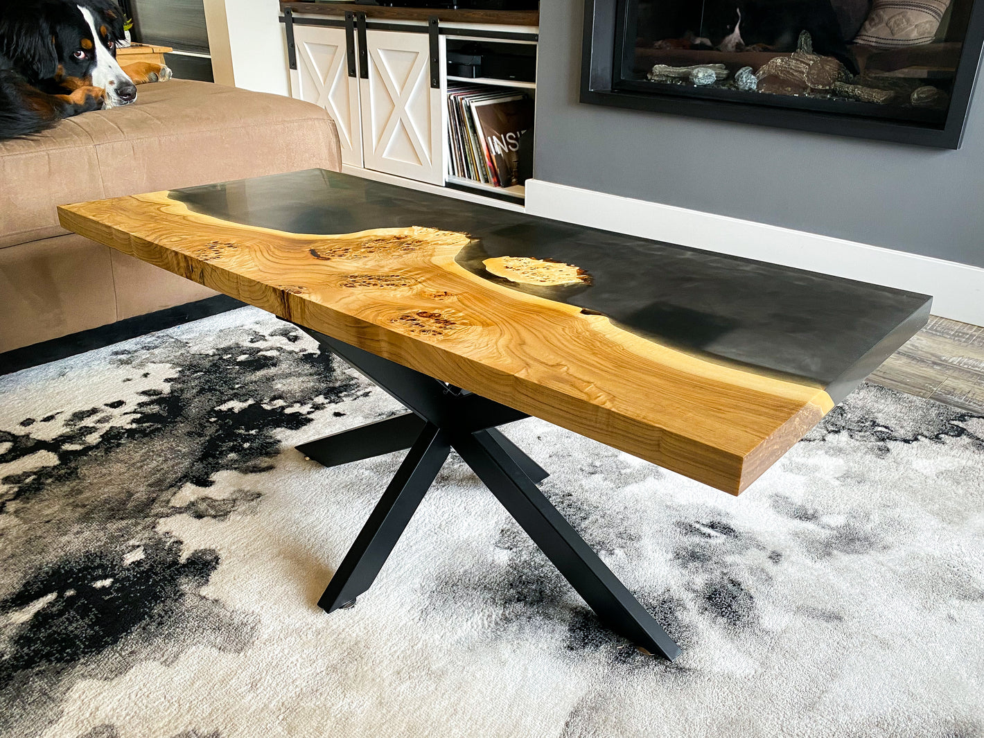 Exotic custom hardwood and black resin coffee table