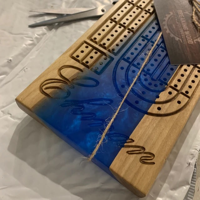 Personalized eetched name blue resin and wood custom cribbage board